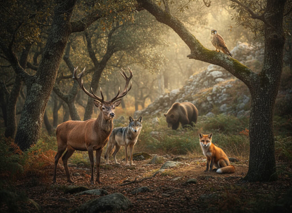 Majestuoso ciervo con asta en un bosque en otoño, refugio de animales, alojamiento rural, naturaleza y ecoturismo en Albergue La Casa de Gandara.