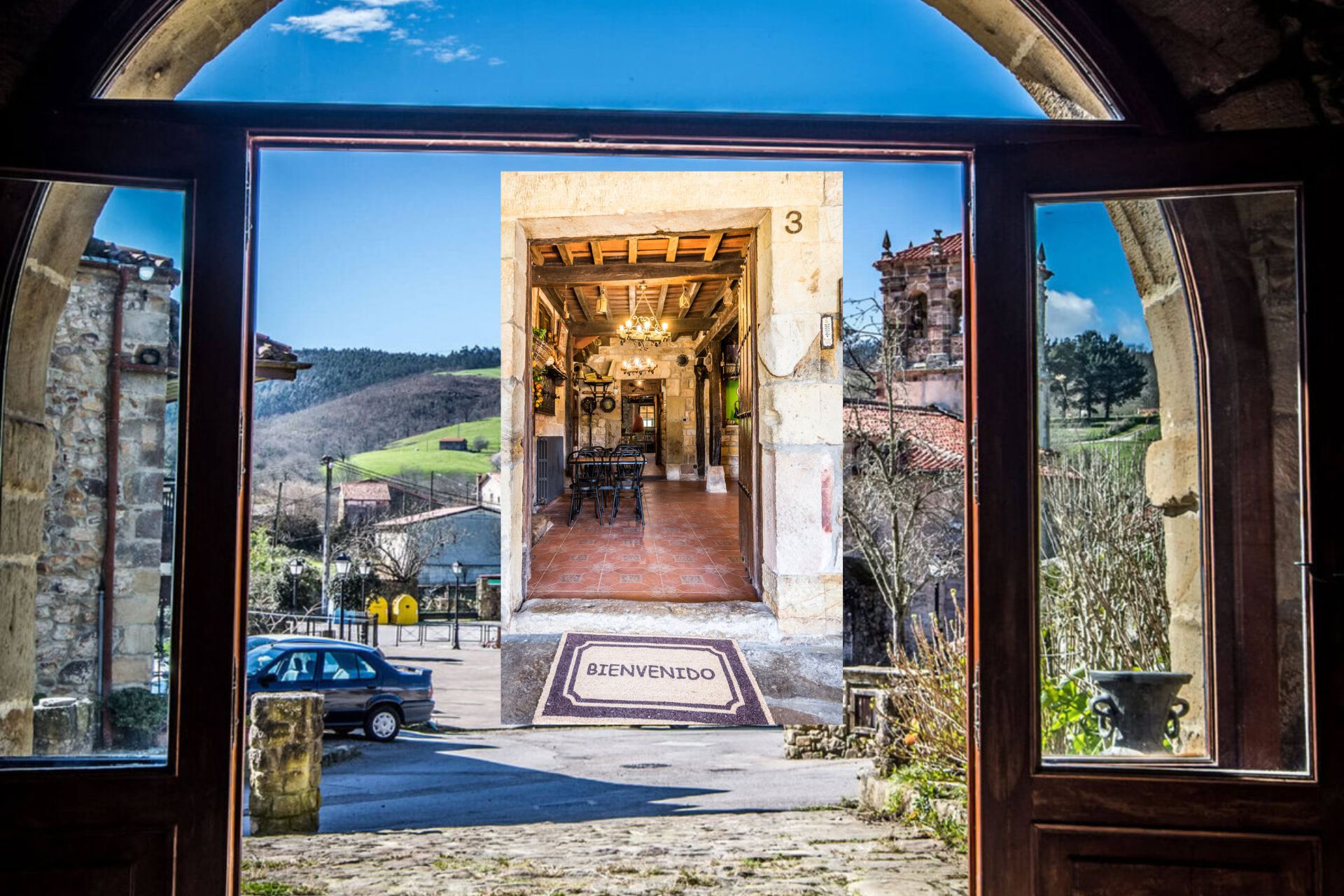 Acogedora entrada de Albergue La Casa de Gandara con vistas rurales, encanto tradicional y hospedaje cómodo.