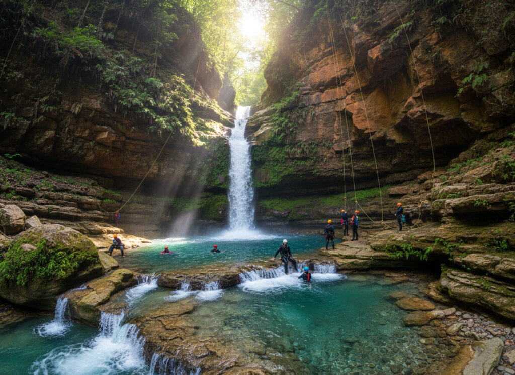 Barranquismo en cañón con cascadas y piscinas naturales