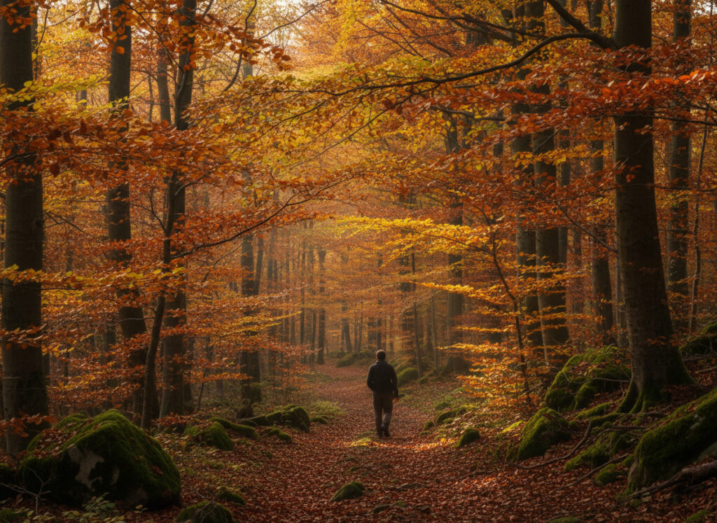 Bosque de hayas con colores dorados y ocres en otoño, luz filtrada entre árboles