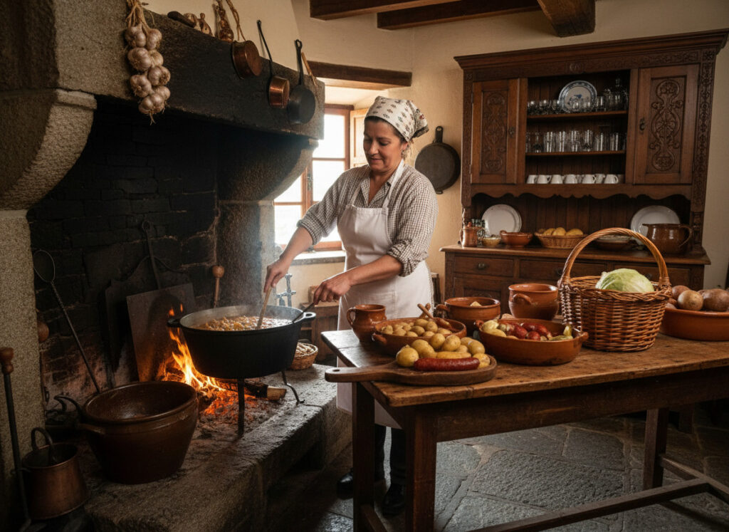 Cocinera preparando comida casera cántabra en cocina tradicional