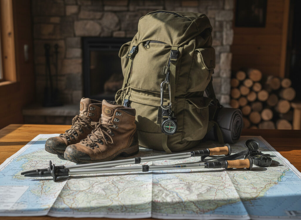 Equipo de senderismo: botas, mochila, bastones sobre mapa