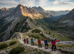 Excursionistas caminando por sendero de montaña en Picos de Europa