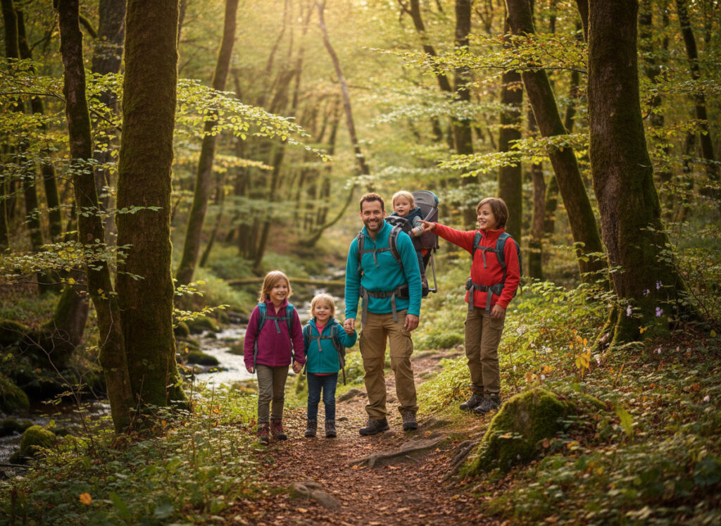 Familia con niños disfrutando de ruta sencilla en bosque