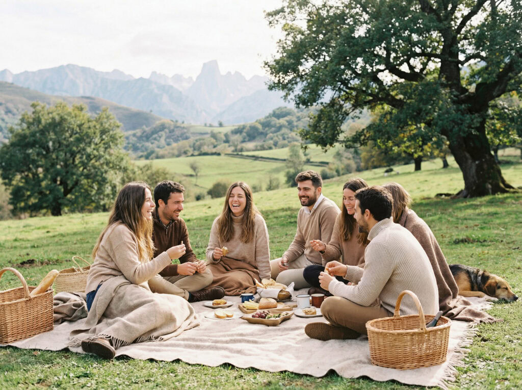 Grupo de amigos disfrutando de picnic en naturaleza cántabra