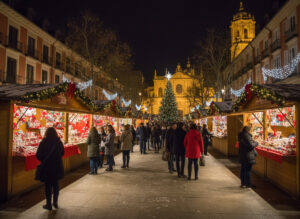 Mercadillo navideño iluminado en Santander con puestos decorados