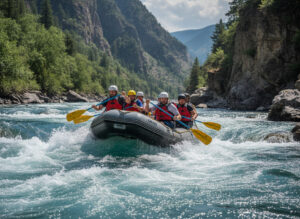 Rafting en río con grupo remando entre rápidos y agua espumosa