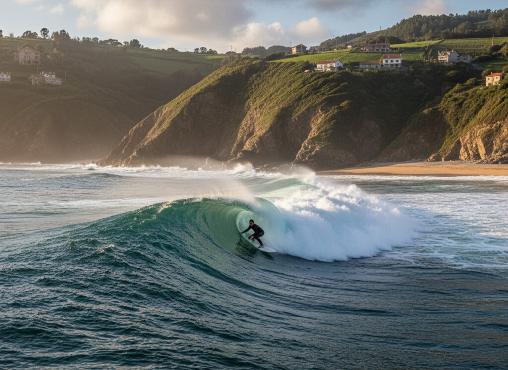 Surfista en ola perfecta en costa cántabra