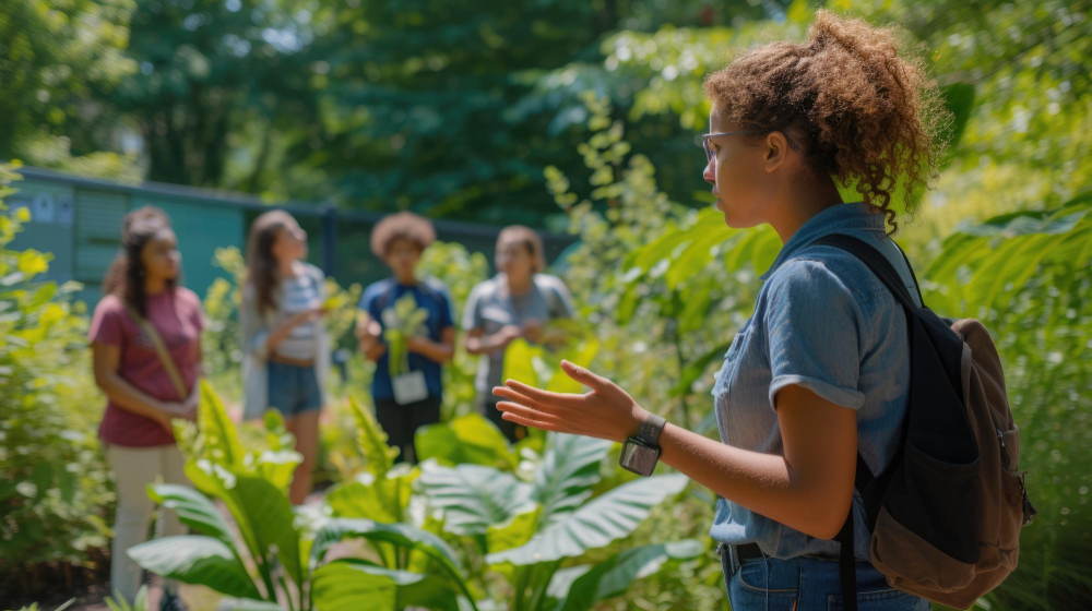 Grupo escolar realizando una ruta de interpretación ambiental por un sendero en Cantabria en primavera