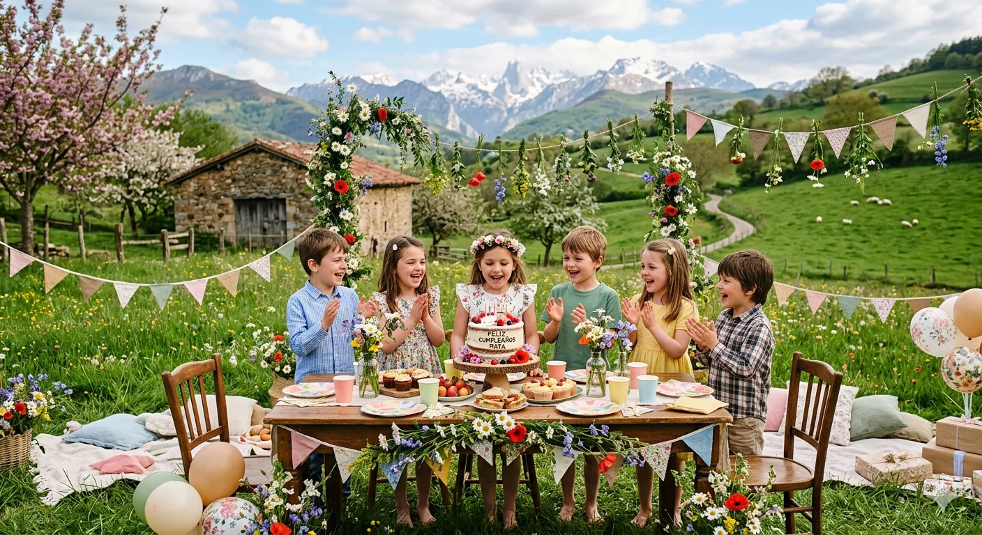 Celebración de cumpleaños infantil en primavera fiesta mágica en la naturaleza de Cantabria